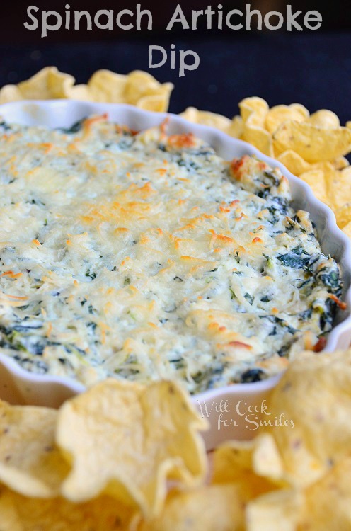 Hot Spinach Artichoke Dip 2 with tortilla chips around it