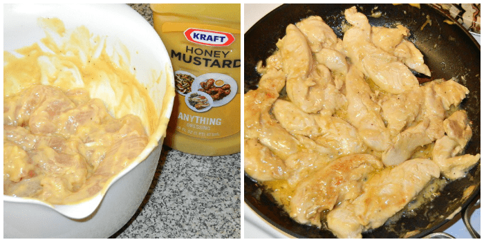 horizonal photo collage chicken in a white bowl with honey mustard on it next photo chicken in a cast iron pan