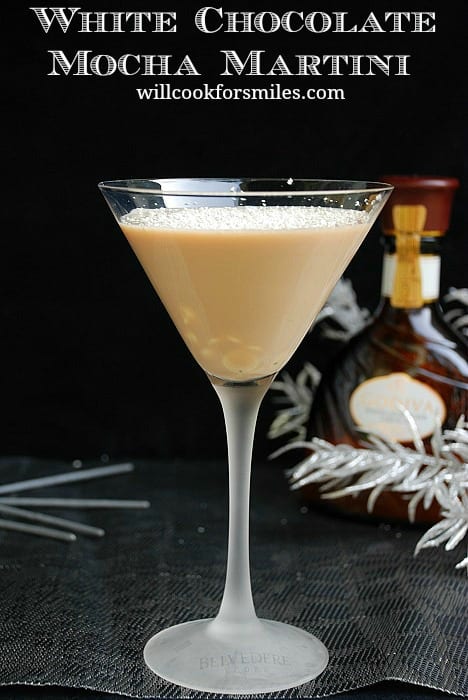 White Chocolate Mocha Martini in a martini glass on a black table top