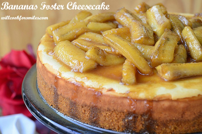 Bananas Foster Cheesecake on a cake platter