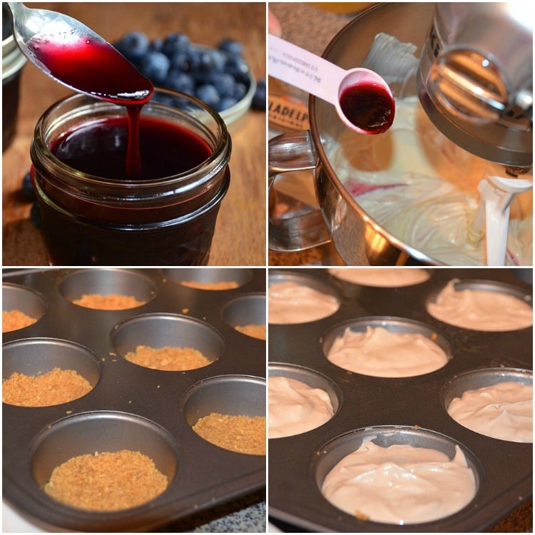 Blueberry mini cheesecake collage with steps of how to make it