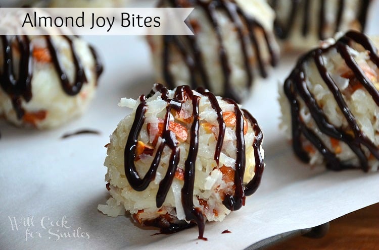 almond joy bites on wax paper close up