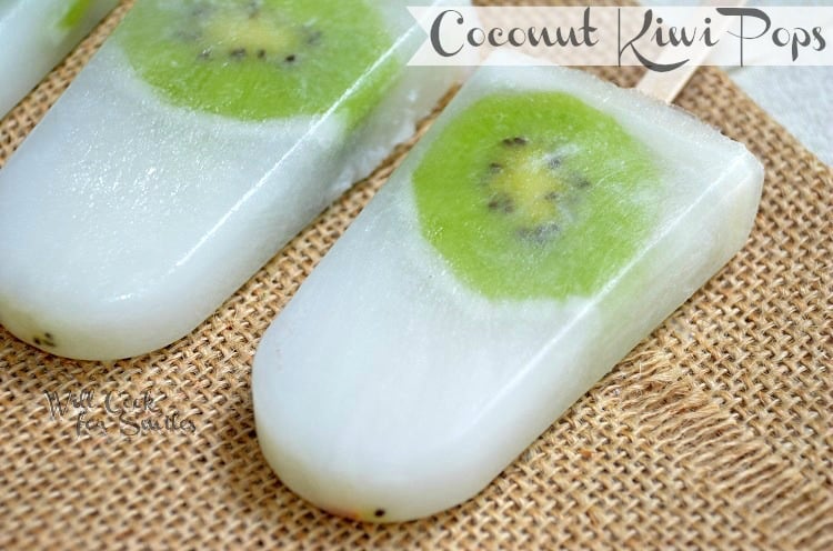 Coconut Kiwi ice pops on a piece of burlap on a table