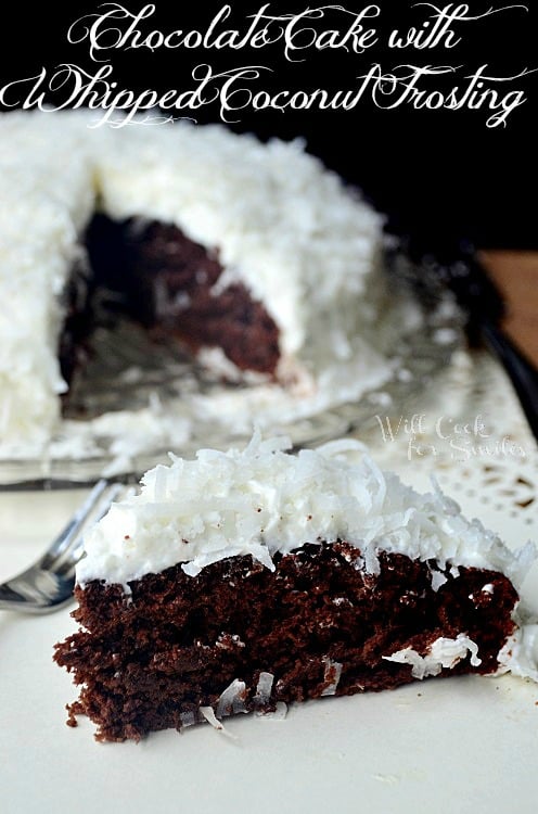 Chocolate with whipped coconut frosting on a plate