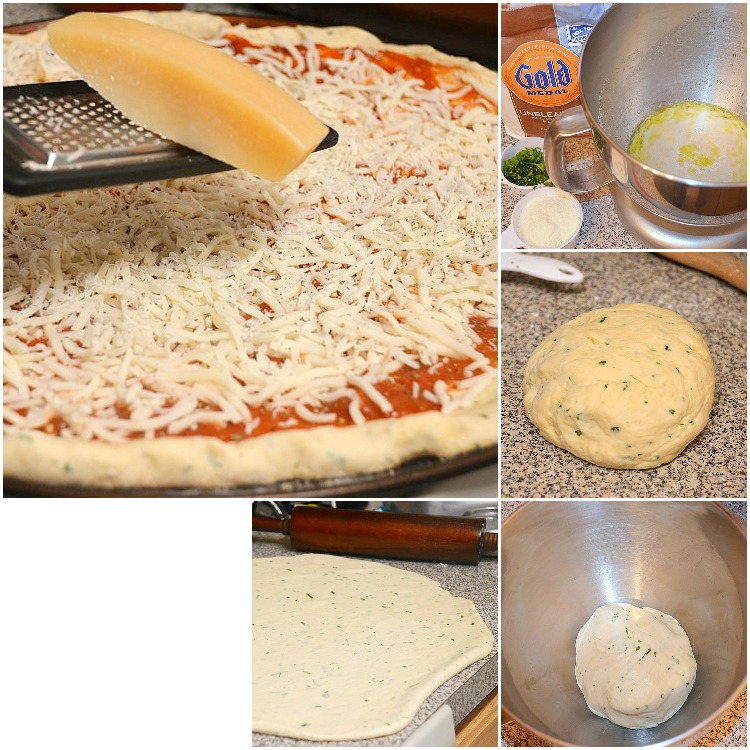 pizza collage, grating cheese over pizza dough and sauce, butter in a bowl, pizza do in a ball on the counter top, pizza dough rolled out , last photo is of pizza dough in a metal bowl