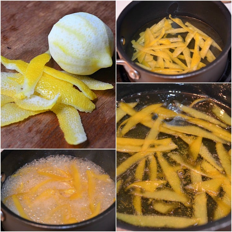 Candied Lemon Peels Collage- peeling lemon, putting lemon in a pit, boiling lemon in a pot, lemon in a pot