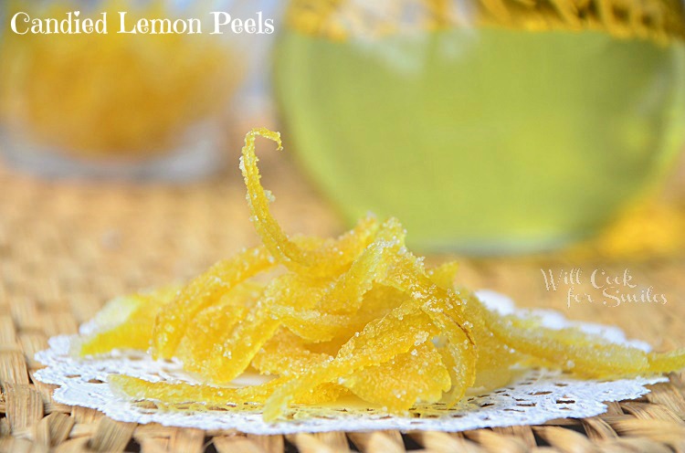 sugar coated lemon peels on a white decorative napkin