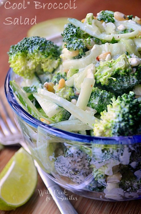 broccoli salad in a clear glass bowl