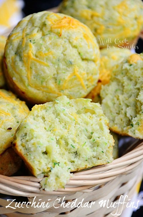Cheddar Zucchini Muffins in a basket