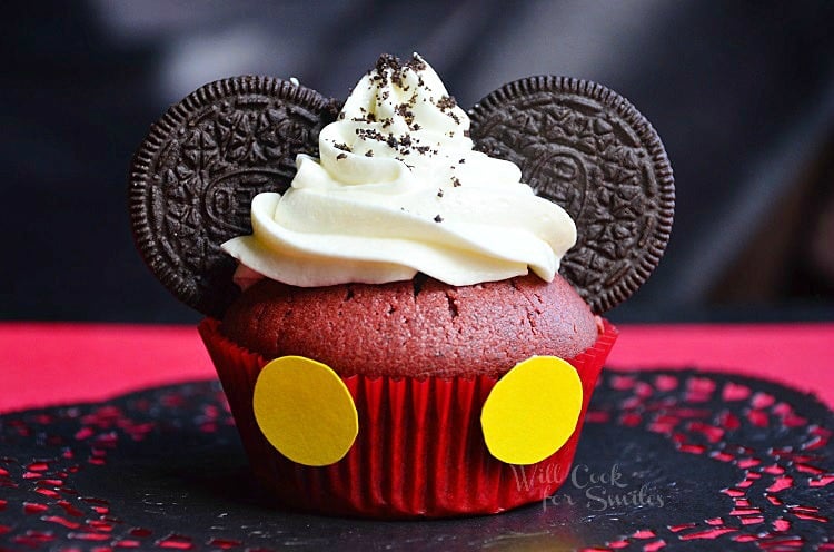 Mickey Mouse Red Velvet Oreo Cupcakes with oreos to look like mickey ears