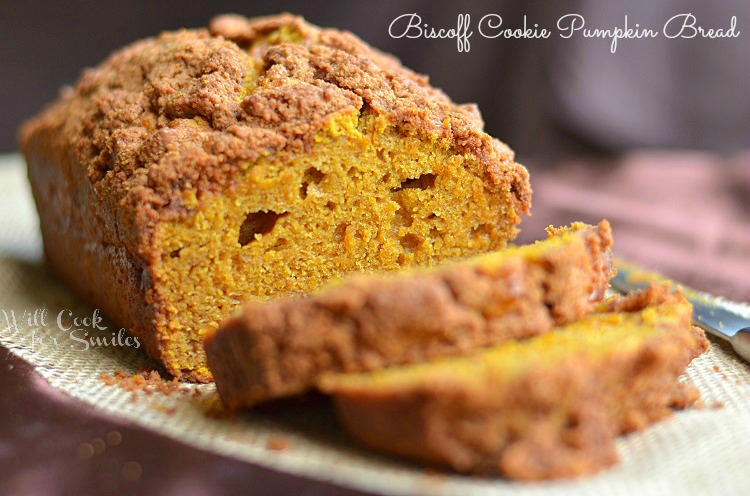 close up view of sliced biscoff cookie pumpkin bread on burlap placemat