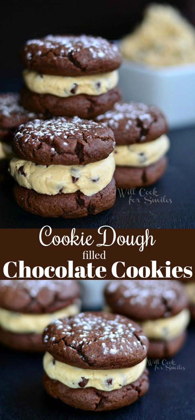 chocolate cookie sandwich with Cookie Dough Filling stacked up on a table collage