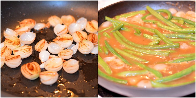 collage of pearl onion in a frying pan and onions and green beans in a frying pan