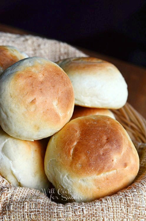 Potato Dinner in a basket with a brown kitchen towel
