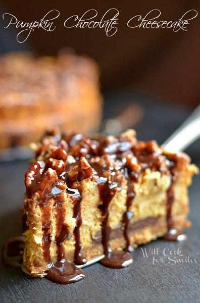 pumpkin chocolate cheesecake slice
