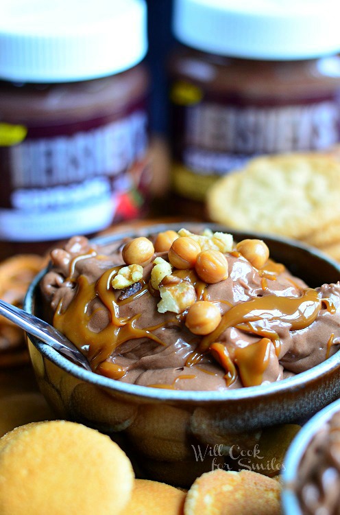 Chocolate Fruit Dip in a blue bowl