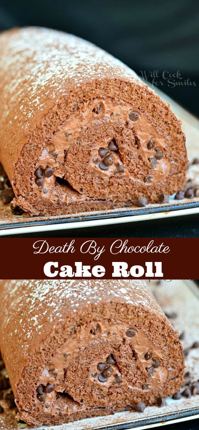 collage of Chocolate Cake Roll on a plate