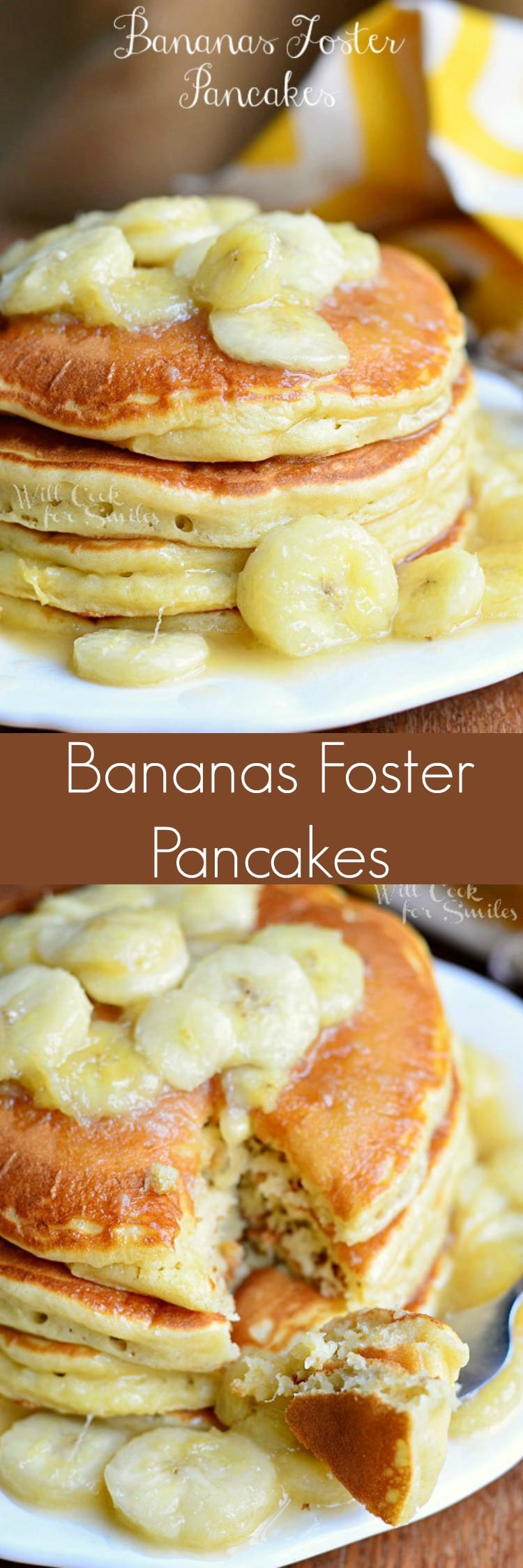 Bananas Foster Pancakes with sliced bananas on top on a white plate