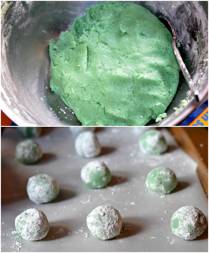 collage with dough for cotton candy cookies in a metal bowl with a spoon and cookies rolled into a bowl on a sheet of wax paper