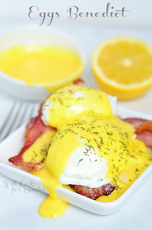 Hollandaise Sauce and Eggs Benedict with a plate