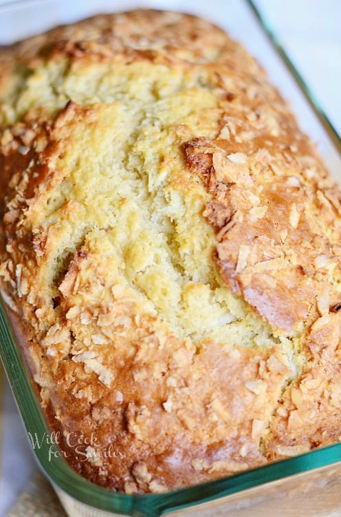 Coconut Key Lime Bread in a glass bread pan