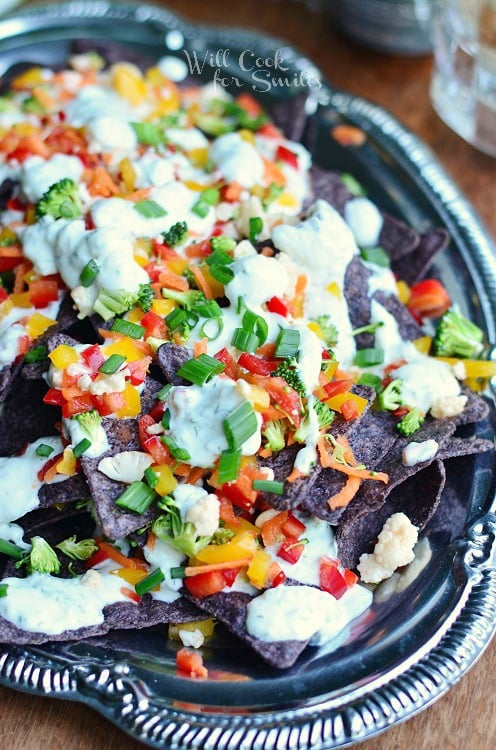 Veggie Nachos on a silver plate