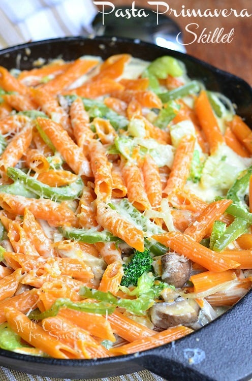 Pasta Primavera Skillet in a cast iron skillet