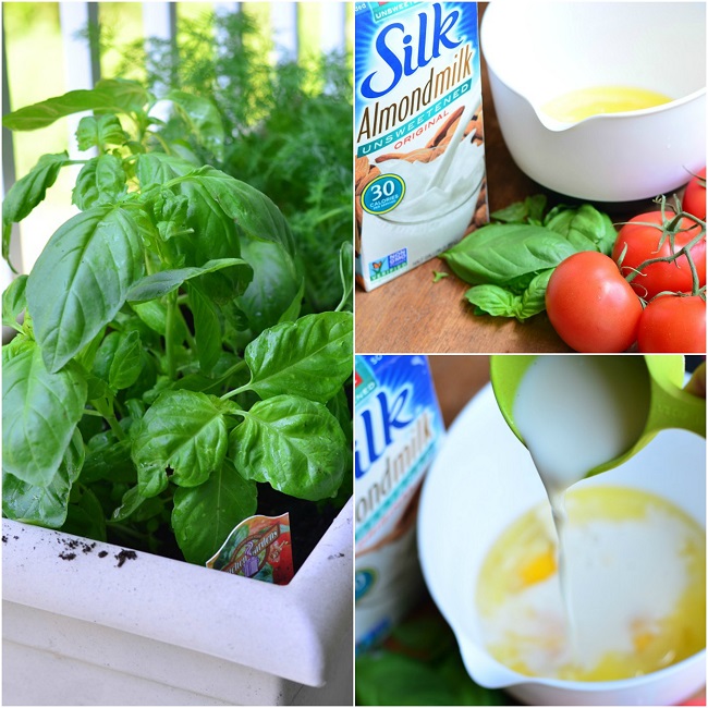 collage to the right basil in a flower pot, left top tomato and basil with a white bowl of eggs and a carton of almond milk, bottom photo pouring almondmilk into white bowl