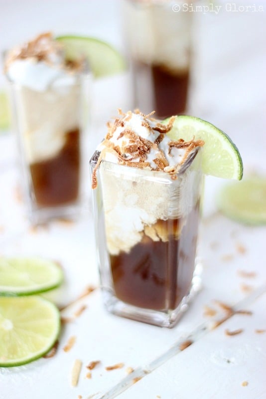dr pepper floats with ice cream and a lime