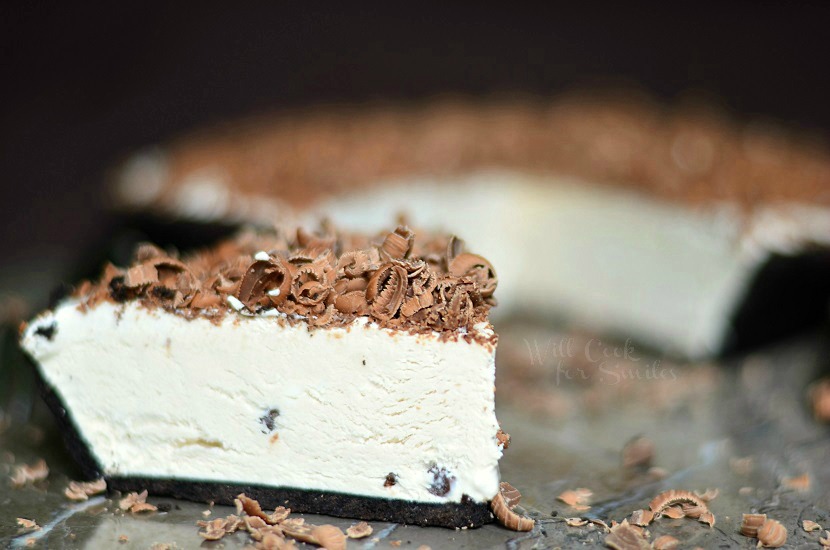 Mocha Ice Cream Pie slice topped with shaved milk chocolate