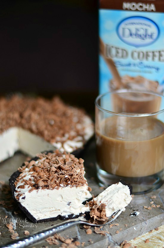 Mocha Ice Cream Pie, a cream pie topped with shaved milk chocolate with some on a fork
