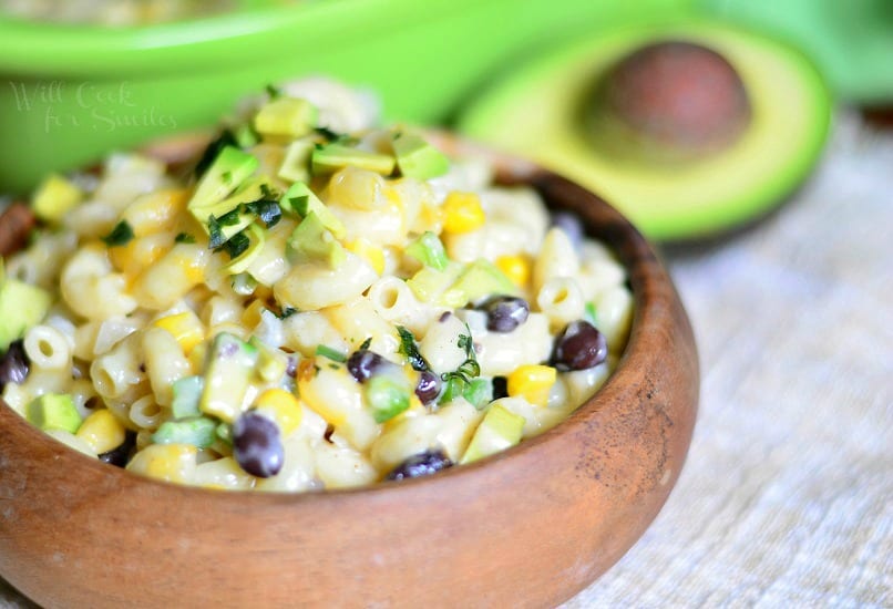 Tex-Mex Mac and Cheese in a wood bowl
