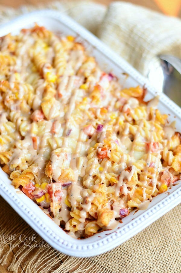 BBQ Ranch Chicken Casserole in a white casserole dish