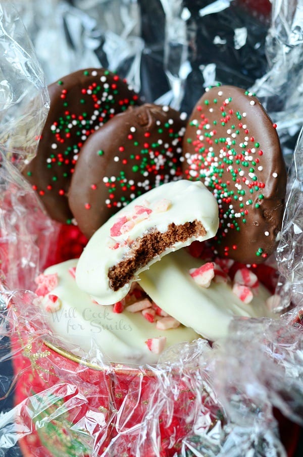 Crunchy Peppermint Cookies with a bite taken out of it in plastic