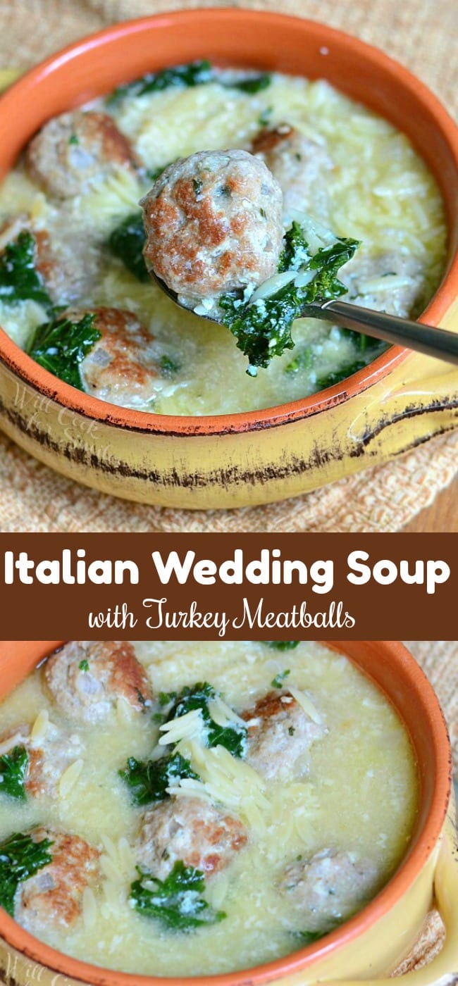 Italian Wedding Soup made with an addition of juicy turkey meatballs. Every bite of this soup is so satisfying and loaded with kale, meatballs, orzo pasta, and Parmesan cheese. #soup #italianwedding #meatballs #turkey #turkeymeatballs