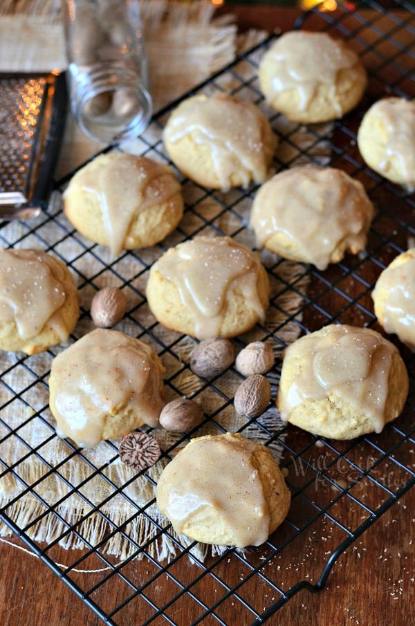 top view photo of Eggnog Cookies with Eggnog Glaze on a cooling rack