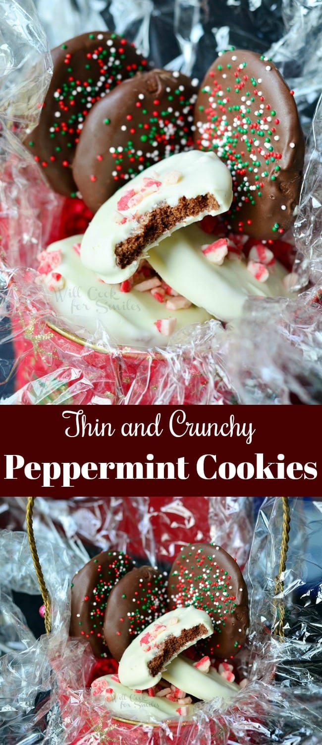 Crunchy Peppermint Cookies with a bite taken out of it in plastic