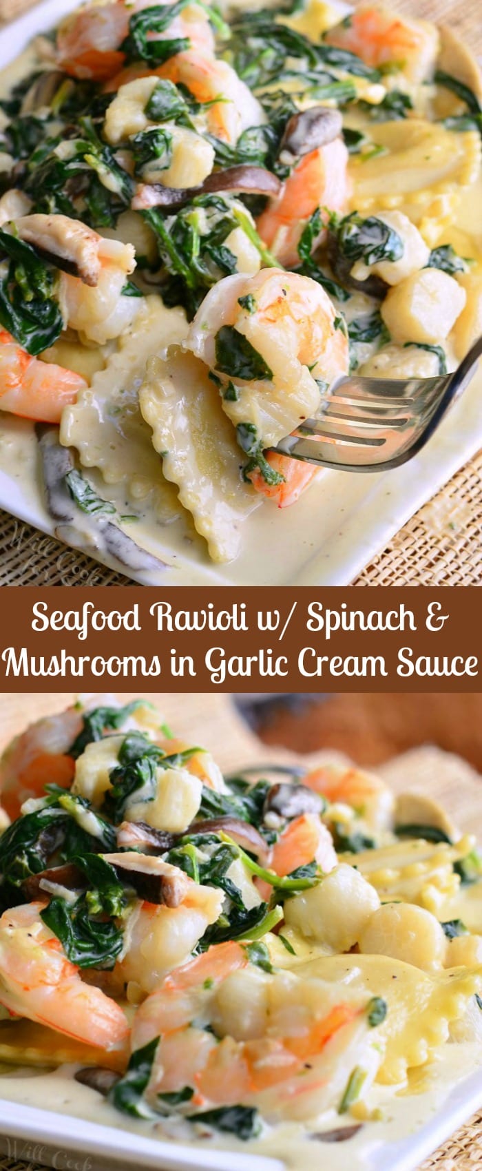 Ravioli with Seafood, Spinach & Mushrooms on a white plate