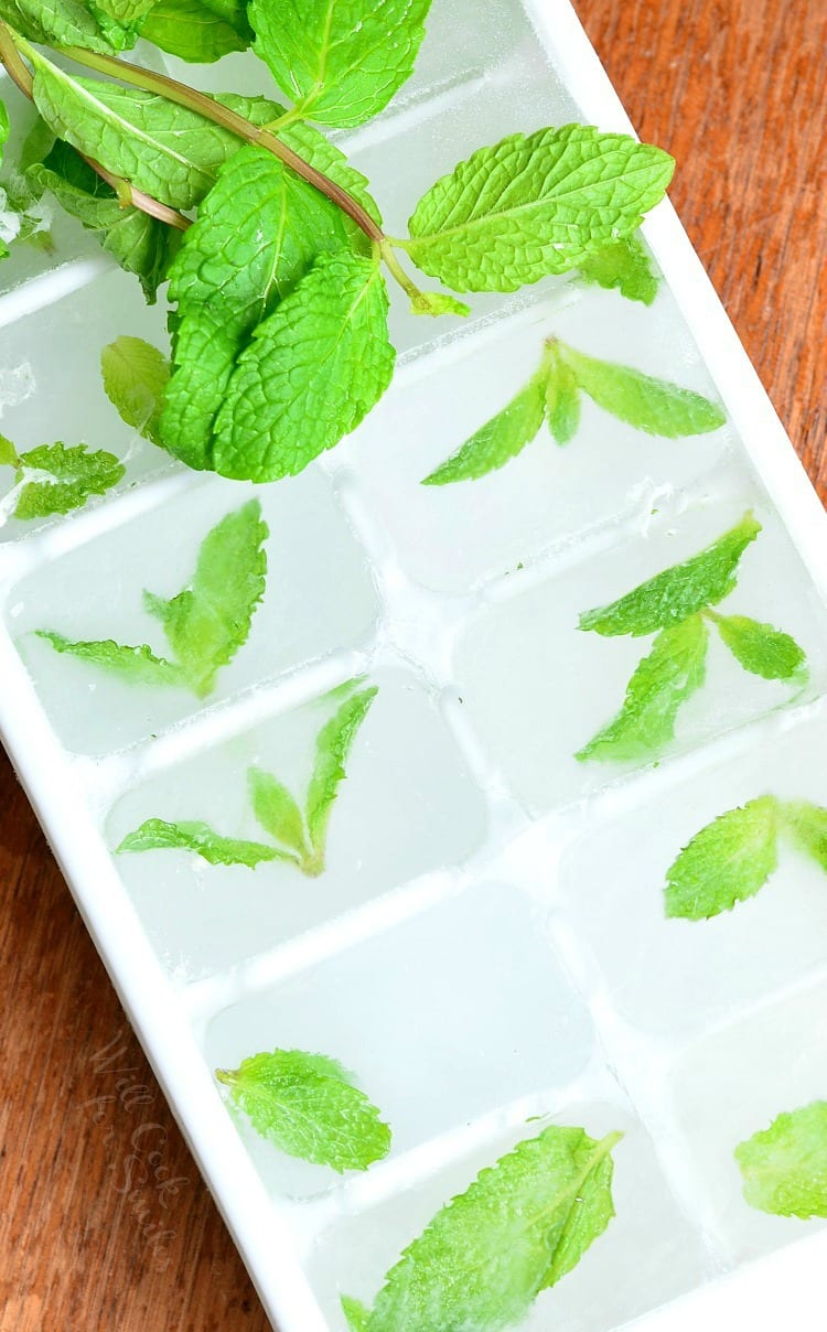 Honey Mint Green Iced Tea Mint Ice Cubes in an ice cube tray
