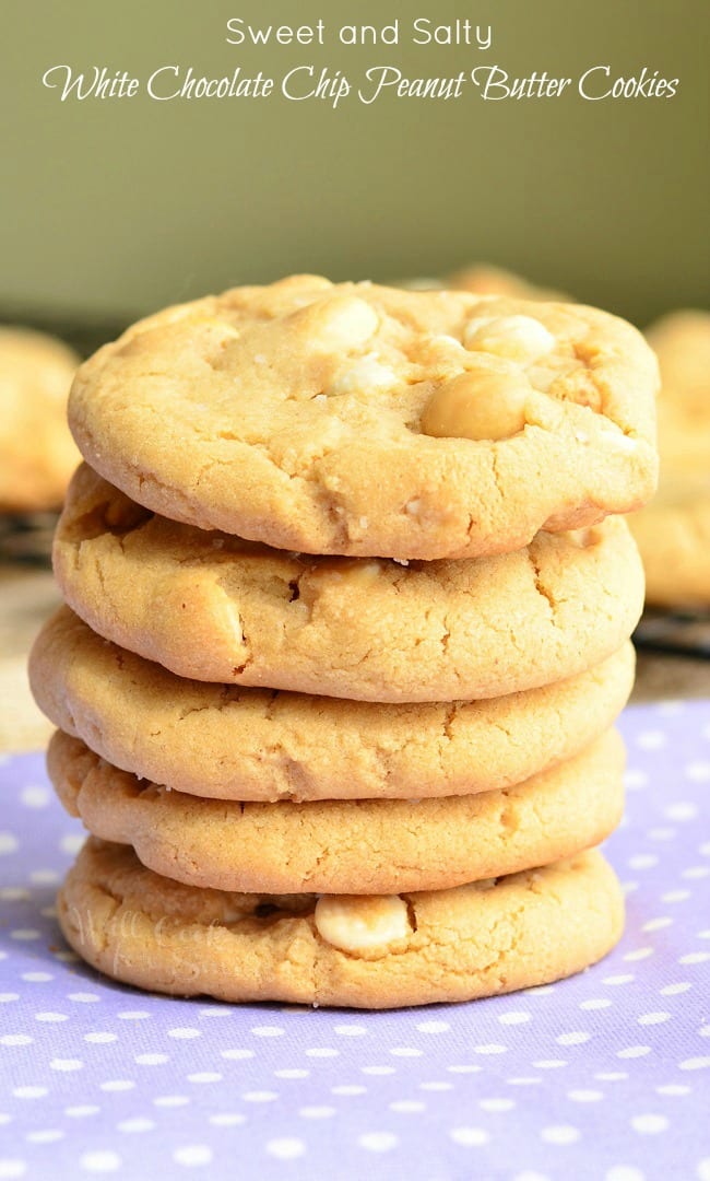 Peanut Butter White Chocolate Cookies stacked up on a napkin