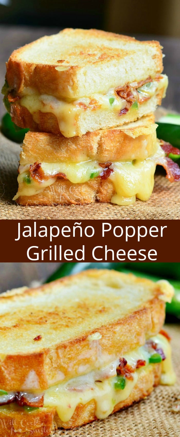 Jalapeno Popper Grilled Cheese loaded with gooey cheese, jalapenos and bacon cut in half with a jalapeno to the side collage
