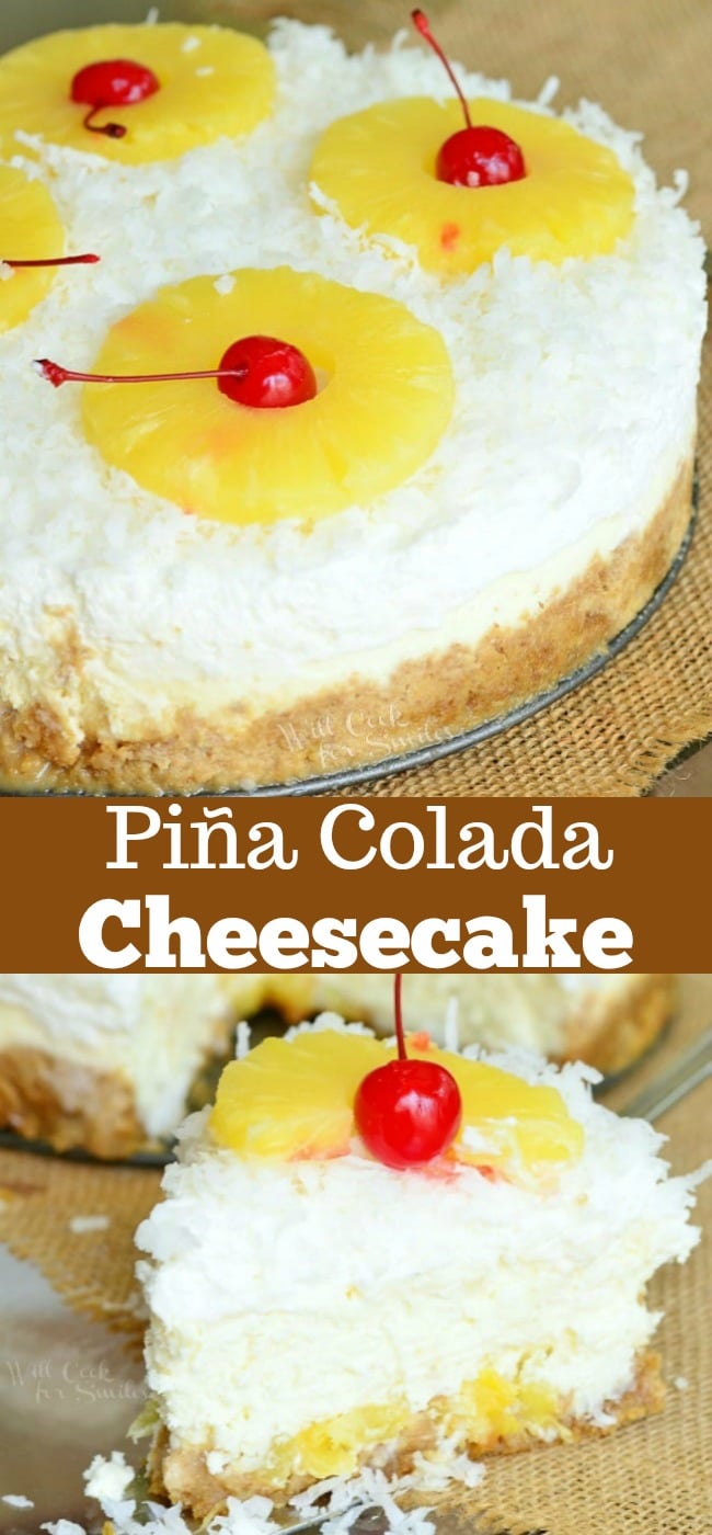 Pina Colada Cheesecake with Layers of pineapple chunks, cherries and coconut top
