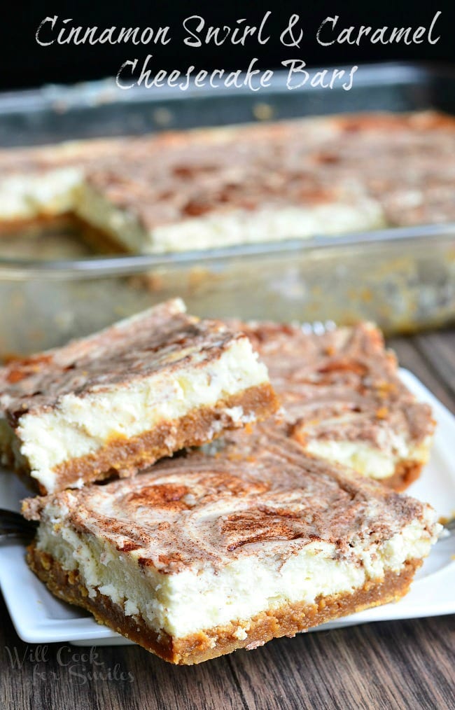 Cinnamon Swirl & Caramel Cheesecake Bars on a plate on a table