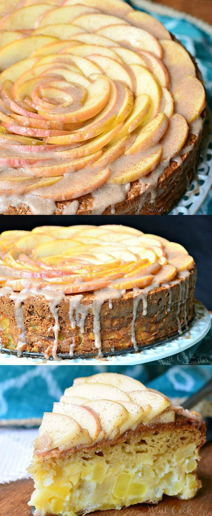 Cinnamon Glazed Apple Cake with thinly sliced apples on top and a cinnamon glaze on a white cake stand