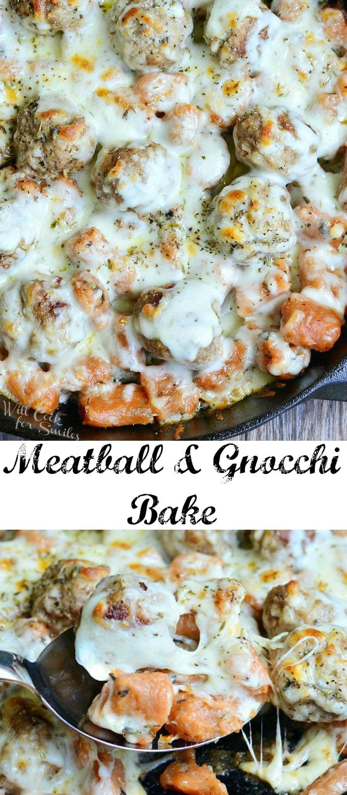 top view photo of Meatball and Gnocchi Bake with cheese on top in a cast iron skillet collage