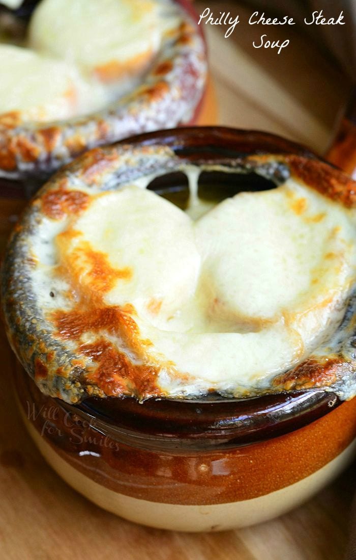 Philly Cheese Steak Soup cheese on top in a soup bowl