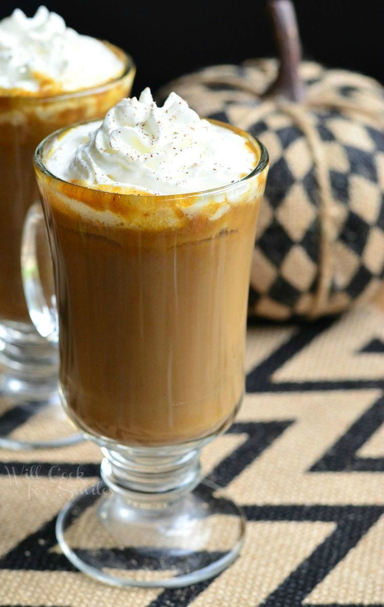 Pumpkin White Chocolate Mocha Latte with whipped cream on top