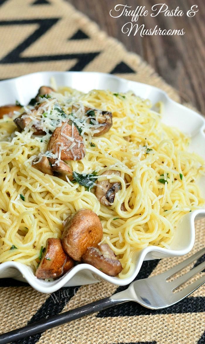 Truffle Pasta and Mushrooms in a white serving bowl