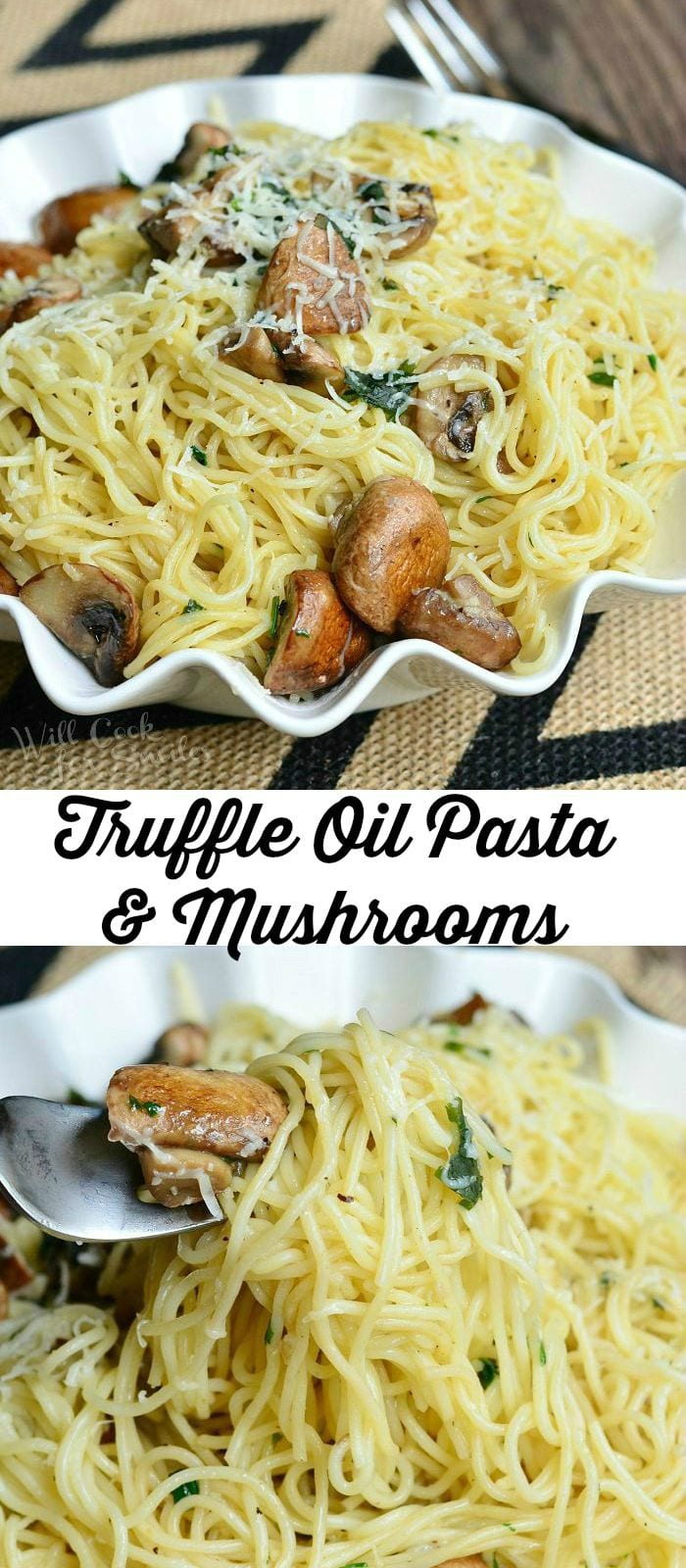 Truffle Pasta and Mushrooms in a white bowl photo collage