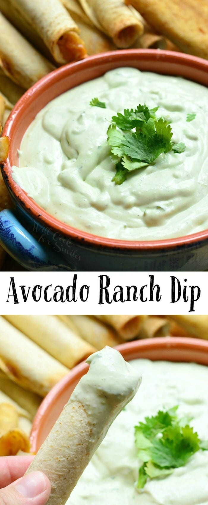 photo collage Avocado Ranch Dip with cilantro in a bowl bottom photo taquito dipped in ranch dip